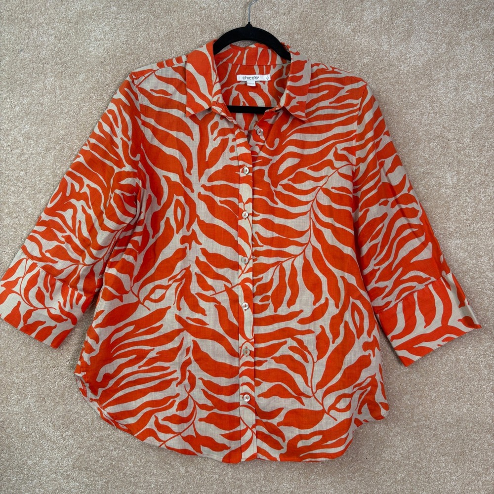 CHICO'S 100% Linen Button Down Shirt Women's Medium Orange Lightweight Top